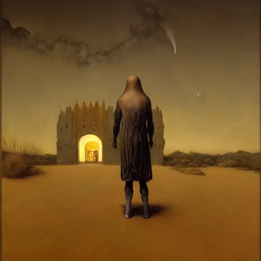 Prompt: Exterior Desert Oasis dessicated physique demonic crow wearing a man costume giorgio de chirico Jan Van eyck bastien lecouffe-deharme odd nerdrum dragan bibin john steuart curry dan witz