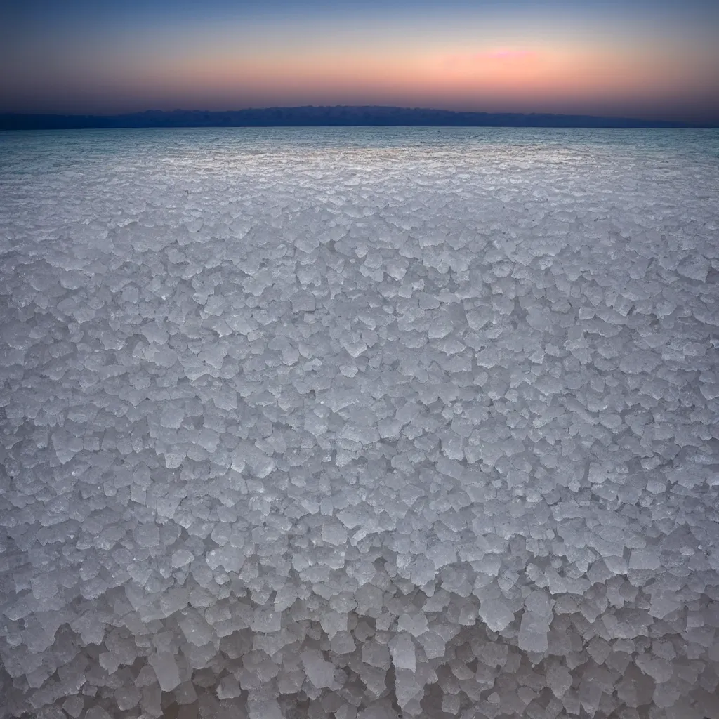 Prompt: salt crystals at the dead sea, sunset, professional photo
