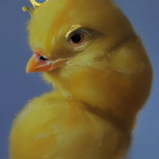 Image similar to a baby chick wearing a golden crown, oil in canvas style