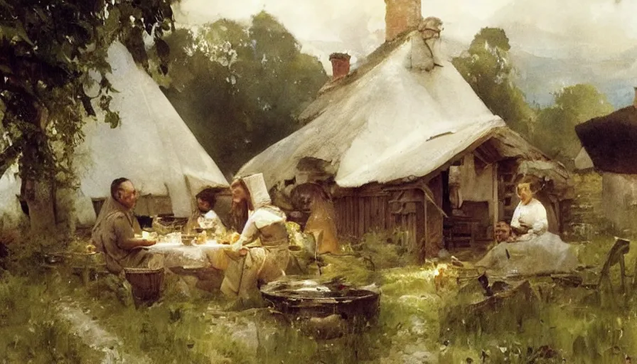 Image similar to simple villager family about to eat a meal together in their beautiful simple cottage home, art by anders zorn, wonderful masterpiece by greg rutkowski, beautiful cinematic light, american romanticism thomas lawrence, greg rutkowski