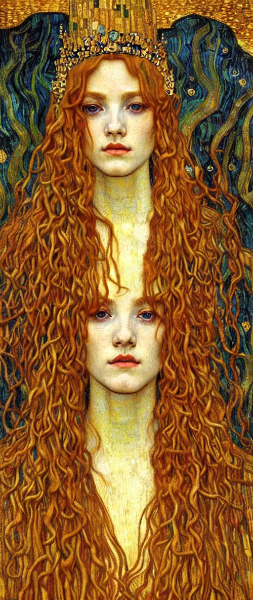 Image similar to detailed realistic beautiful young medieval queen face portrait by jean delville, gustav klimt and vincent van gogh, art nouveau, symbolist, visionary, gothic, pre - raphaelite, muted earthy colors, desaturated