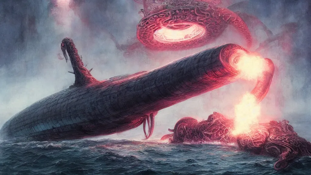 Image similar to soviet submarine destroyed by cthulhu, tentacles, elegant, beautifully soft lit, full frame, 8 k by wayne barlowe, peter mohrbacher, kelly mckernan, h r giger