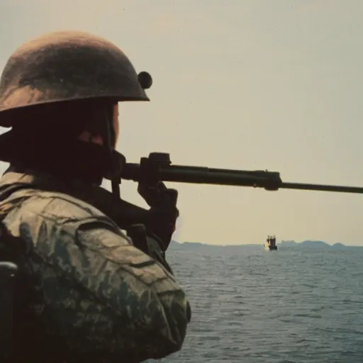 Prompt: film still, far view, landscape, emma watson soldier portrait close up in foreground, vietnam patrol boat, kodak ektachrome, blue tint expired film,