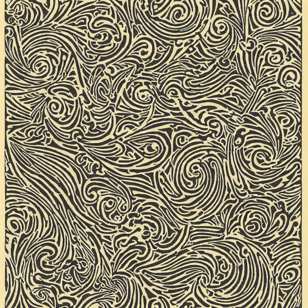 Image similar to optical illusion woodblock print, swirling filigree stamp pattern