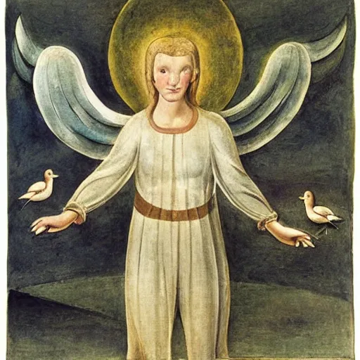 Image similar to biblical angel with ducks, by jean deville, by william blake, oil on canvas