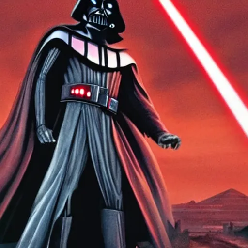 Image similar to morbius. morbius. morbius holding a lightsaber. and darth vader, pyramids in background.