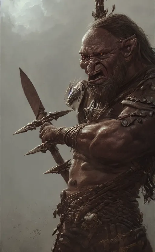 Prompt: Portrait of an orc holding a large warhammer, male, detailed face, fantasy, highly detailed, cinematic lighting, digital art painting by greg rutkowski