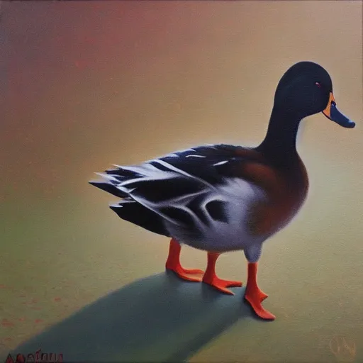 Prompt: a duck on the prowl oil painting dmytro kavsan