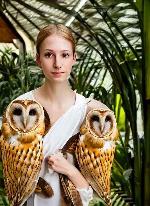 Image similar to amazing portrait photograph of beautiful young female model, symmetric face, symmetric eyes, slight smile, natural light,wearing a yellow kimono with a very detailed barn owl on her shoulder!!! in a tropical greenhouse. looking at the camera!!. super resolution. Extremely detailed. art by Rineke Dijkstra.