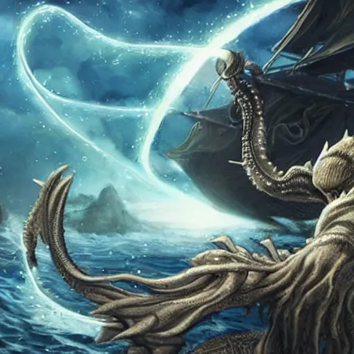 Image similar to a space wizard near the ocean fighting a kraken