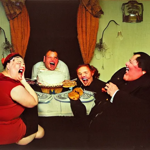 Image similar to a fat man laughs at his wife as she eats a cake in a dark living room, painted by norman rockwell and tom lovell and frank schoonover