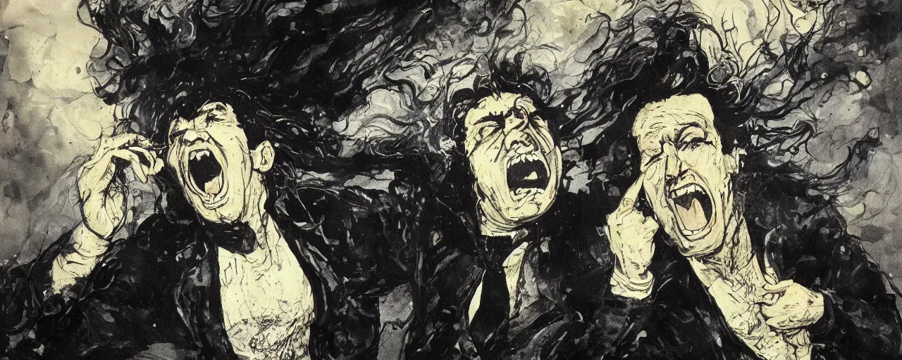 Image similar to portrait of a mad man screaming bursting black ink in style of Philip Castle,