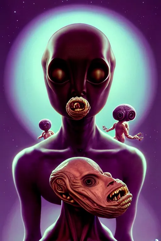 Image similar to beautiful portrait of friendly alien eating some babies, style of Feng Zhu, by Richard Corben, Artstation geometric, aesthetic, smooth skin, unique features, symmetrical, intricate crown, high fashion, streetwear, cyberpunk, detailed, octane render, cinematic, 8k, purple skin, brown skin