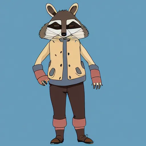 Image similar to anthropomorphic racoon, chibby, male, blue jacket in the style of studio ghibli