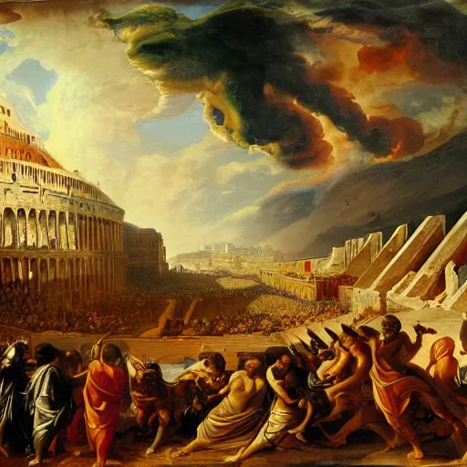 Image similar to fall of rome, epic painting