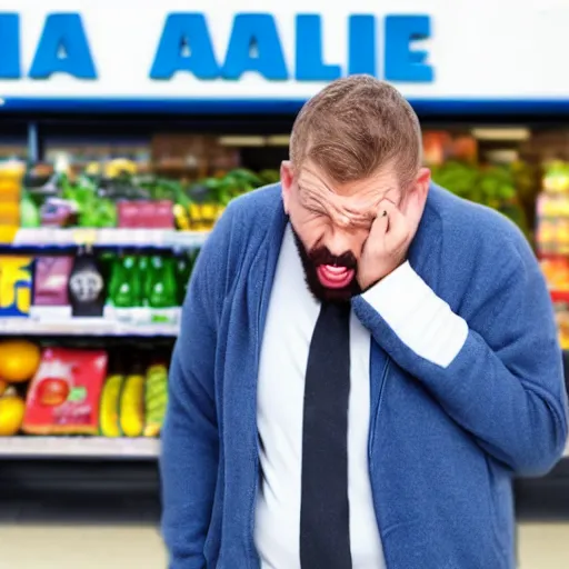 Image similar to a man terrified of entering an aldi supermarket, photo realistic