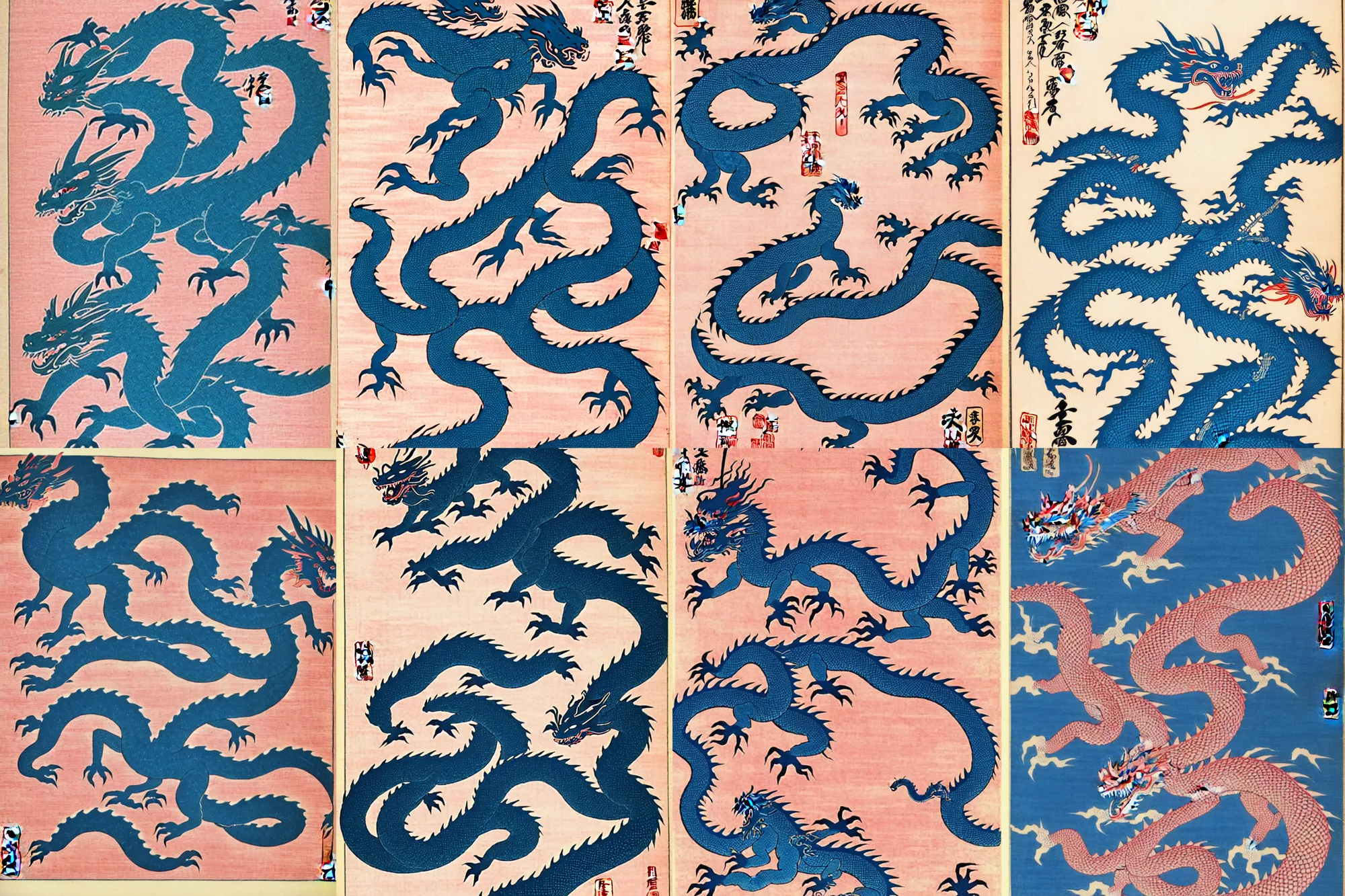 Prompt: Japanese art Woodblock print of a oriental dragon, in ancient Japan, pink dragon verses blue dragon entwined