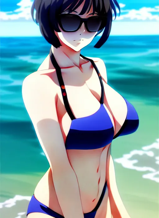 Prompt: anime portrait of fubuki as a handsome woman, wearing sunglasses and two - piece swimsuit, ilya kuvshinov, anime, deroo, pixiv top monthly, trending on artstation, cinematic, danbooru, zerochan art, kyoto animation