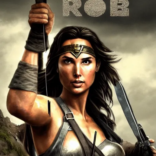 Image similar to Gal Gadot as Tomb Raider. Moody light. Girl power. Movie poster art. Boris Vallejo