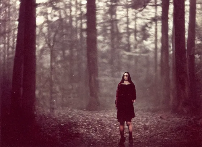 Image similar to medium shot, a young woman towards the camera, a demon is chasing her, woods, polaroid photo, vintage, neutral colors, by gregory crewdson