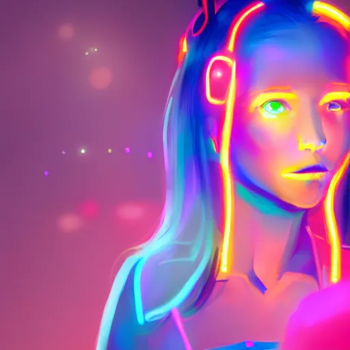 Image similar to portrait of a cute young woman with robot ears and eyes, 4k, sharp focus, neon colored fluorescent lighting, jordan grimmer