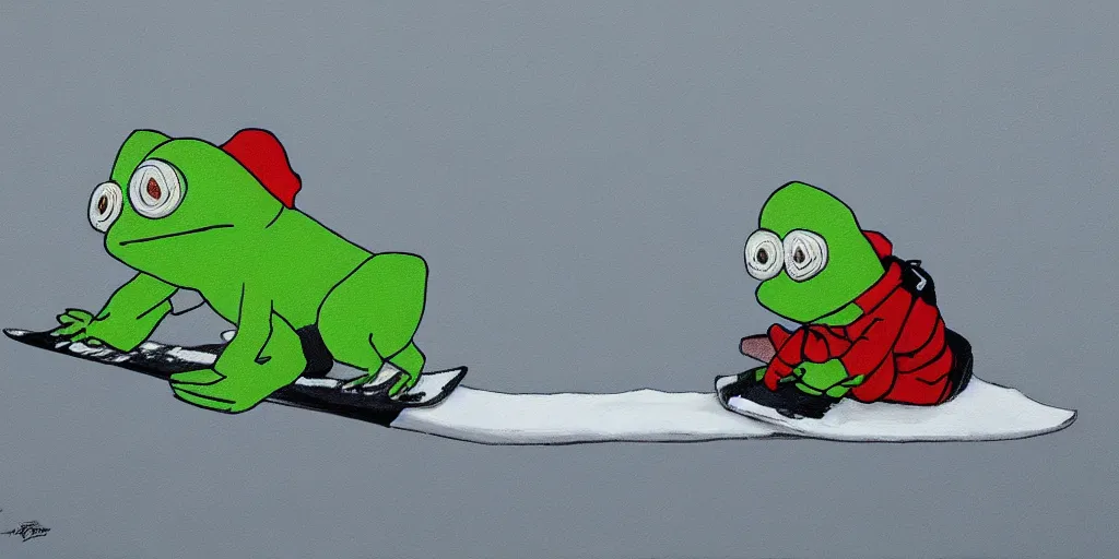 Prompt: pepe the frog snowboarding, gloomy landscape, painted by christopher radlund