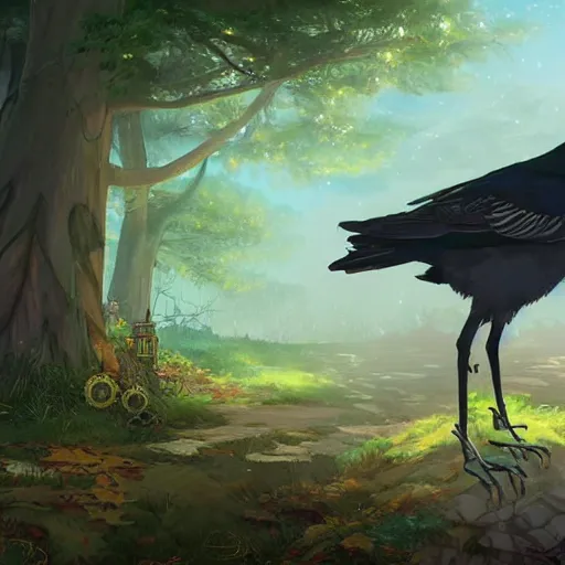 Image similar to concept art painting of an anthropomorphic crow person with steampunk clothes, in the deep forest, realistic, detailed, cel shaded, in the style of makoto shinkai and greg rutkowski and james gurney