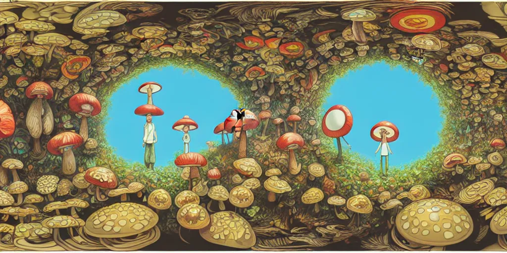 Image similar to 360 degree equirectangular, anthropomorphic family of mushrooms, family portrait, Art Deco nature, mystical fantasy, Pixar cute character design, intricate art deco mushroom patterns, elegant, sharp focus, 360 degree equirectangular panorama, art by Artgerm and beeple and Greg Rutkowski and WLOP, 360 monoscopic equirectangular