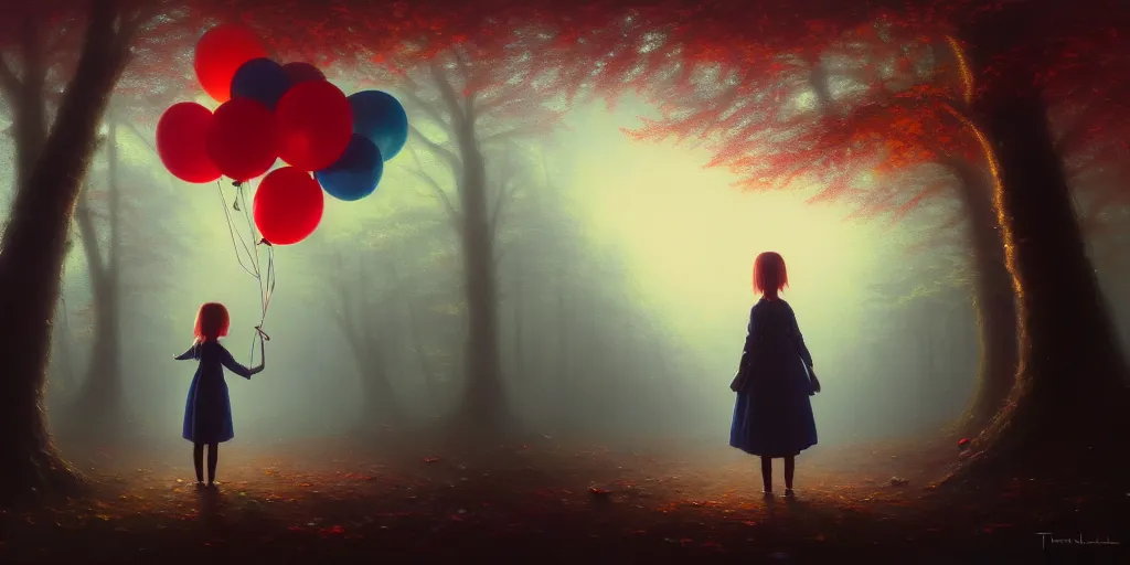 Prompt: beautiful oil painting of girl holding black and blue balloons in a spooky forest back facing, painted by mike winkelmann, makoto shinkai,thomas kinkade, colorful, 4k,Trending on artstation