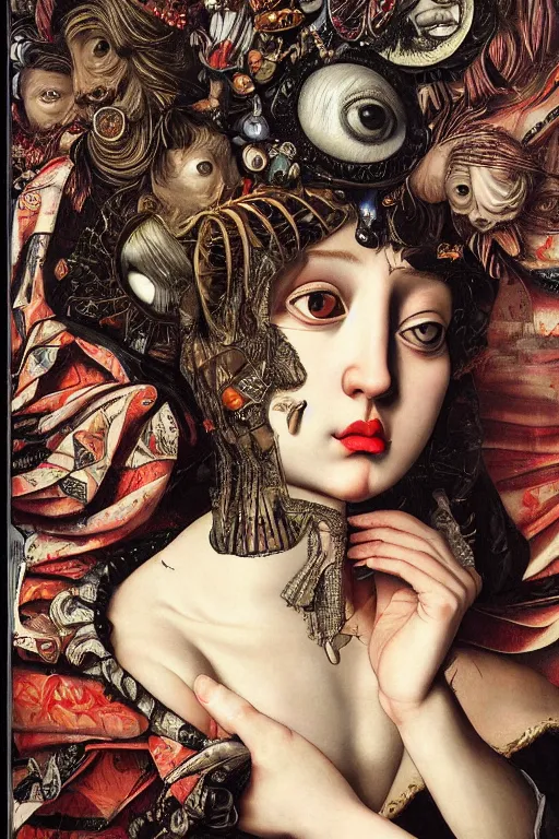 Image similar to Detailed maximalist portrait with large lips and with large, wide eyes, expressive, extra flesh, HD mixed media, 3D collage, highly detailed and intricate, surreal, illustration in the style of Caravaggio, dark art, baroque