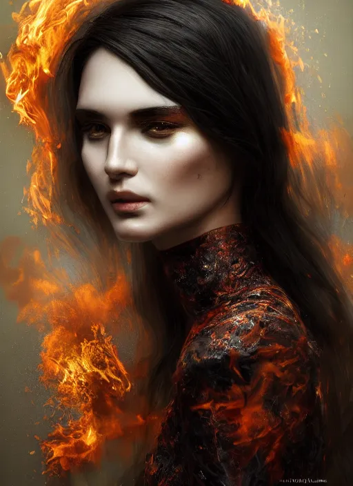 Image similar to 3d fashion portrait with fire, female, future, torch, flame, harper's bazaar, vogue, fashion magazine, intricate, concept art, close up, ornate, luxury, elite, elegant, trending on artstation, by ruan jia, by Kenneth Willardt, by ross tran, by WLOP, by Andrei Riabovitchev,