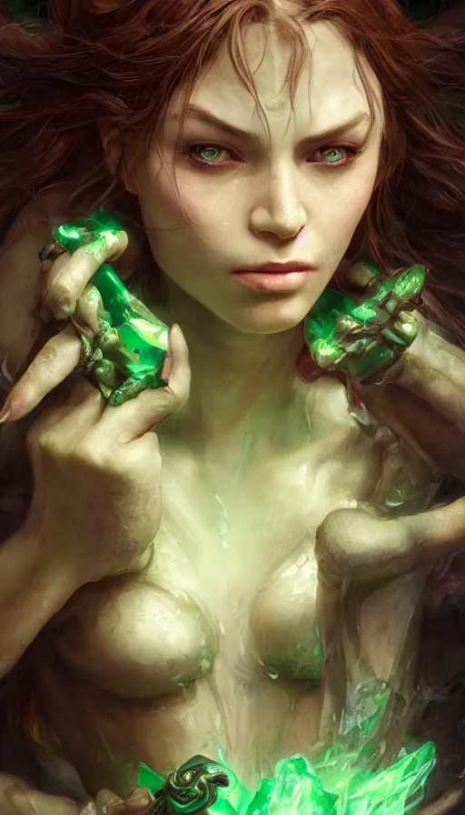 Prompt: epic masterpiece portrait alice in dungeons and dragons, sweaty skin, hyperrealistic, octane render, cinematic, beautiful face and flawless skin, perfect hands, emeralds by Edgar Maxence and Ross Tran and Michael Whelan, Legends of Runeterra