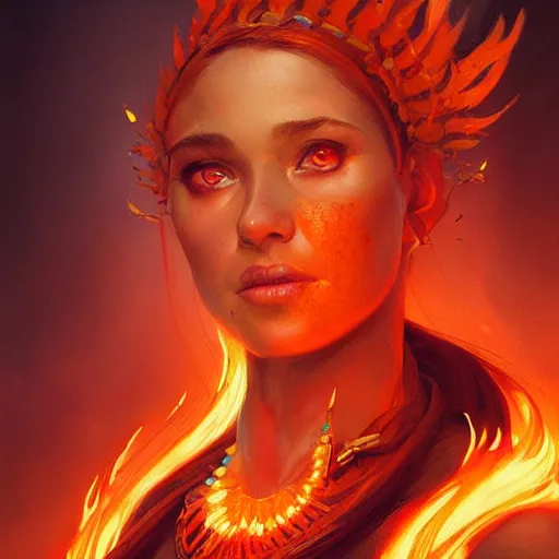 Image similar to a beautiful portrait of a fire goddess, flaming background, a detailed painting by greg rutkowski and raymond swanland, featured on cgsociety, fantasy art, detailed painting, artstation hd, photorealistic