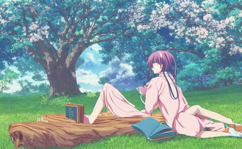 Prompt: An anime girl sitting under a tree, reading a book, anime lofi art