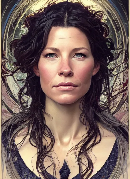 Image similar to beautiful portrait of evangeline lilly, by magali villeneuve and greg rutkowski and artgerm and alphonse mucha, intricate, elegant, highly detailed, photorealistic, trending on artstation, trending on cgsociety, 8 k, sharp focus