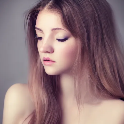 Prompt: Close-up portrait photo of a pretty girl with light brown hair , Low-key lighting, dramatic ,faded colors, pastel colors, Low-key light, flash studio, volumetric light, in the style of Lindsay Adler ,dark background, high quality,photo-realistic, 8K,-H 704