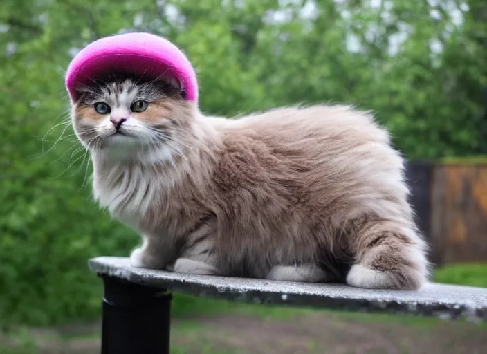 Prompt: smol fluffy cat wearing smol hat, light rain