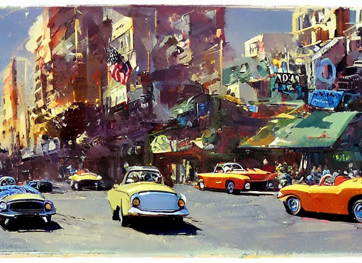 Image similar to hotrods driving down a street , vintage, highly detailed, by John Berkey