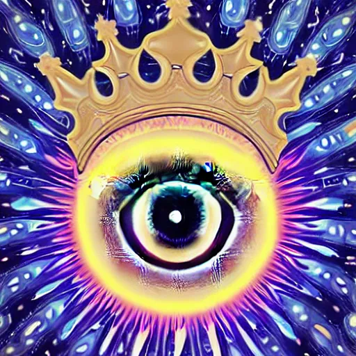 Prompt: a glowing crown sitting on a table with one beautiful eye mounted on it like a jewel, night time, vast cosmos, fractal light rays, bold black lines, flat colors, minimal psychedelic 1 9 7 0 s poster illustration