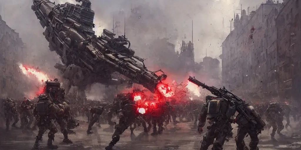 Prompt: giant alien robots terrorise streets of ww ii paris and attack french soldiers and civilians, detailed painting, intense heavy street battle, bullet hell, pile of bodies, artillery bombings, blood on the streets, art by greg rutkowski and jakub rozalski