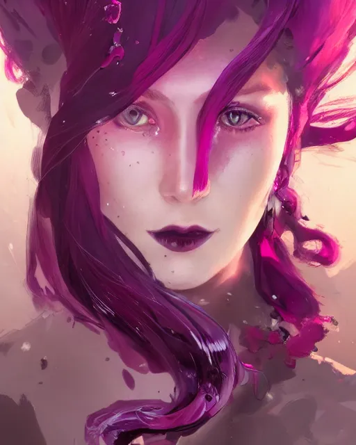 Image similar to a highly detailed image of A beautiful woman, in professional makeup, with medium length magenta hair covering an eye, and a tall tree, and large obsidian crystals, cinematic lighting, dramatic atmosphere, by Dustin Nguyen, Akihiko Yoshida, Greg Tocchini, Greg Rutkowski, Cliff Chiang, 4k resolution, trending on artstation