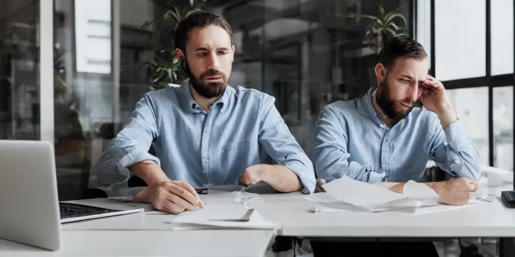 Prompt: freelancer content creator working overtime to respect deadline sitting at desk in start - up business office