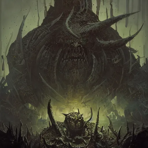 Prompt: the god nurgle by Schen Teng, asymmetrical, realistic painting, dark vibes, nightmare, geometric shapes, hard edges, synth wave, trending on the artstation:2 by Greg Rutkowski:4