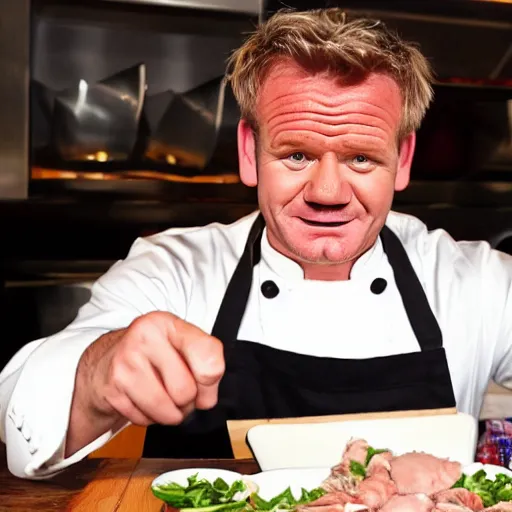 Prompt: < photo trending > gordon ramsey reacts outrageously to being served a plate overflowing with raw sliced chicken