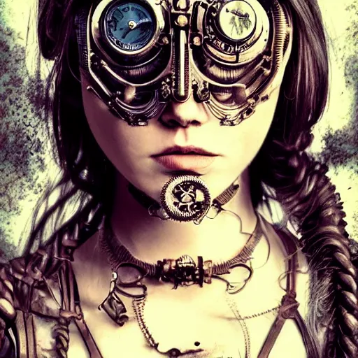 Image similar to beautiful half human half steampunk cyborg portrait, steampunk, extremely detailed, lush, gears, pretty, cinematic lighting, epic, intense, long hair, brown eyes, cool, anime,