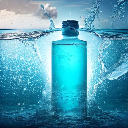 Image similar to a human head in a bottle water art manipulation, on the ocean water, futuristic, glowing, hyper realistic, ray tracing, realistic water splashes, sharp focus, long shot, 8 k resolution, cinematic, photoshop art