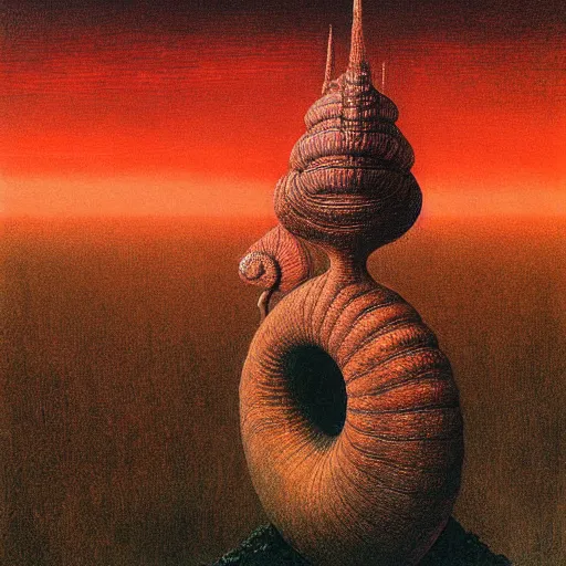 Image similar to a giant snail stands over a city painting by beksinski, behsinski colors. masterpiece painting