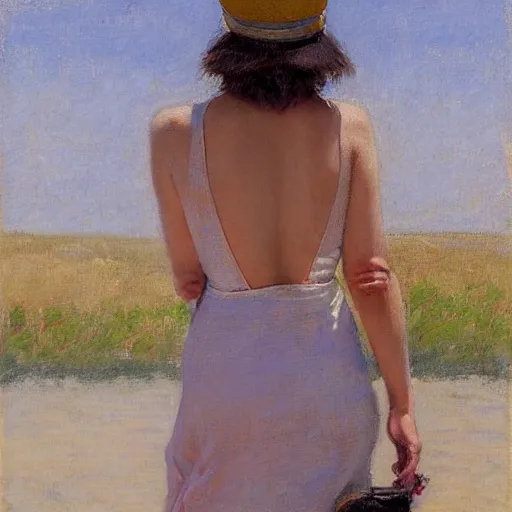 Image similar to woman with baseball cap, back view, summer dress, by paul chabas