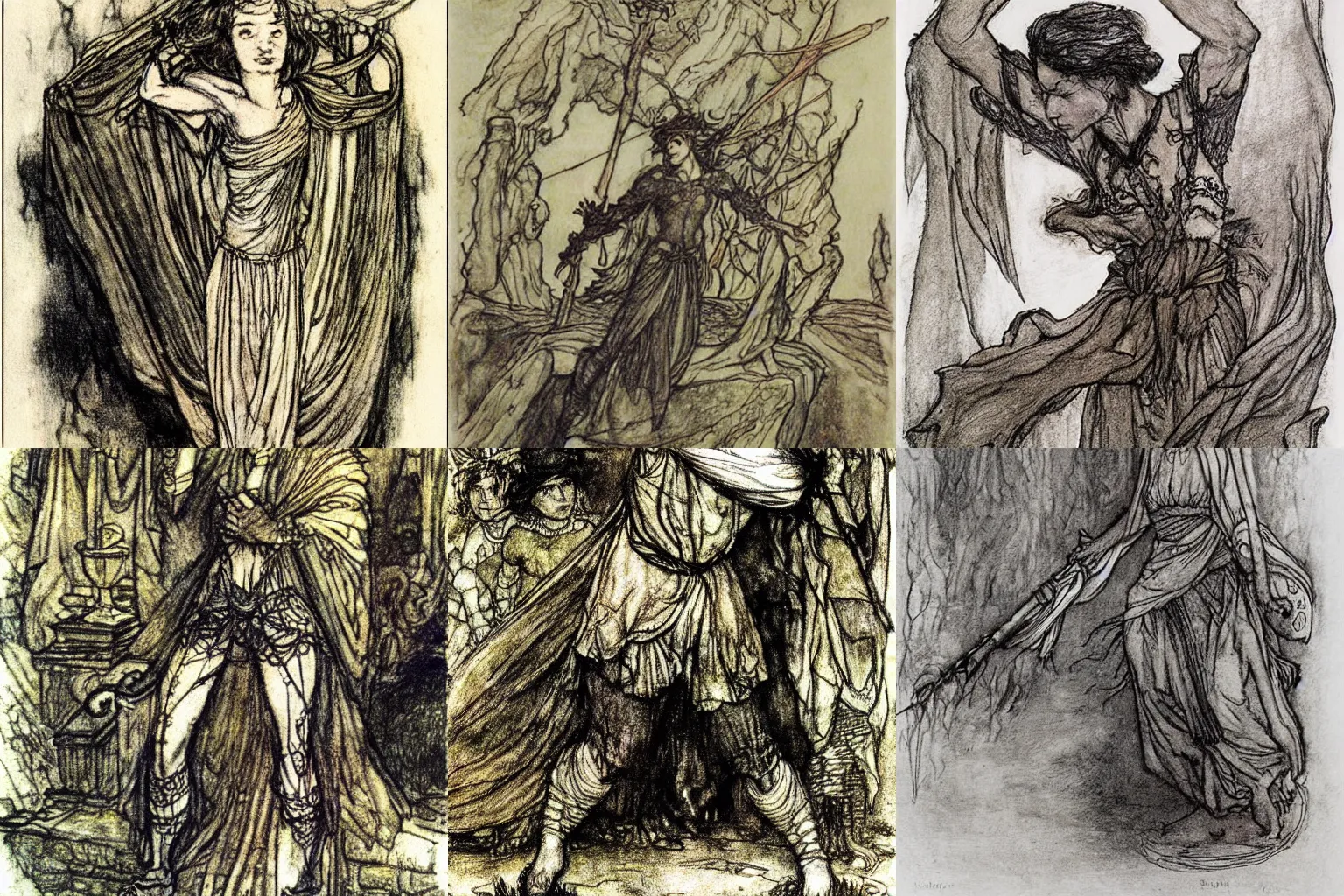Prompt: i am strength and i am fear. drawing by arthur rackham.