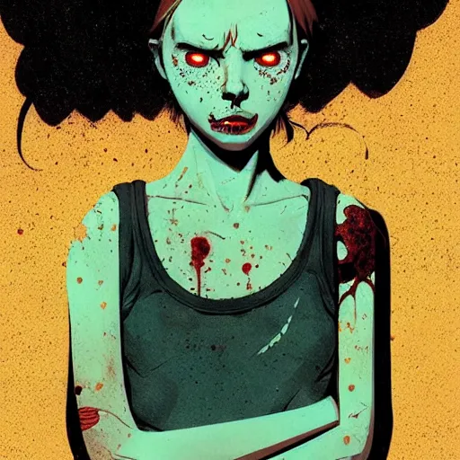 Prompt: Highly detailed poster art portrait of a moody sullen punk zombie young lady with freckles by Atey Ghailan, by Loish, by Bryan Lee O'Malley, by Cliff Chiang, by Goro Fujita, inspired by ((image comics)), inspired by graphic novel cover art !!!vibrant green, brown, black, yellow and white color scheme ((grafitti tag brick wall background)), trending on artstation
